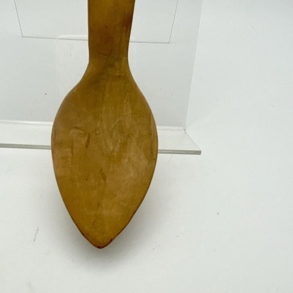 Vintage Primitive Wooden Spoon Hand Carved Detailed Curved Handle For Hanging